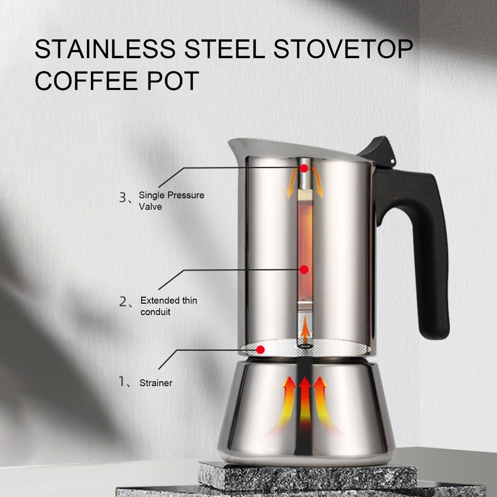 Hero Coffee Equipment - 스테인리스 스틸 모카포트 대용량 실버 스토브탑